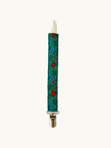 Pacifier Clip Green with Red Flowers