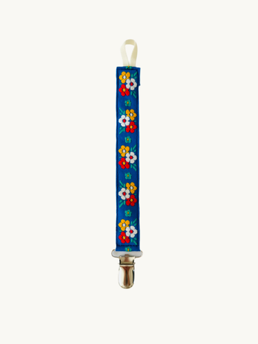 Pacifier Clip Bright Blue with Multi Flowers